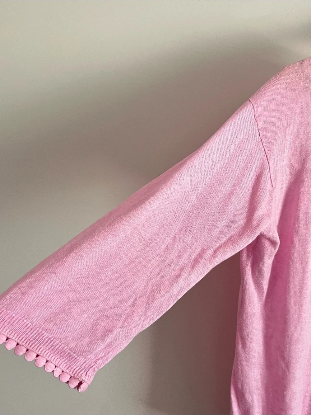 J.CREW Sweater Top 100% Linen Womens Small Pink detail Trim 3/4 Sleeves